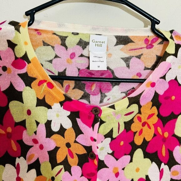 Garnet Hill Floral 100% Wool Lightweight Cardigan SZ M - Picture 2 of 6